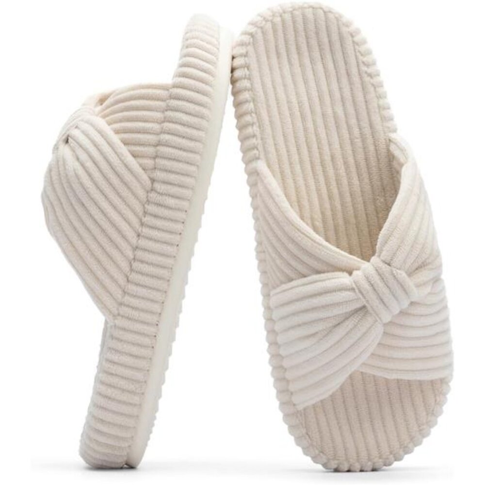 Slippers for Women Memory Foam House Bedroom Corduroy Bow Crossbands